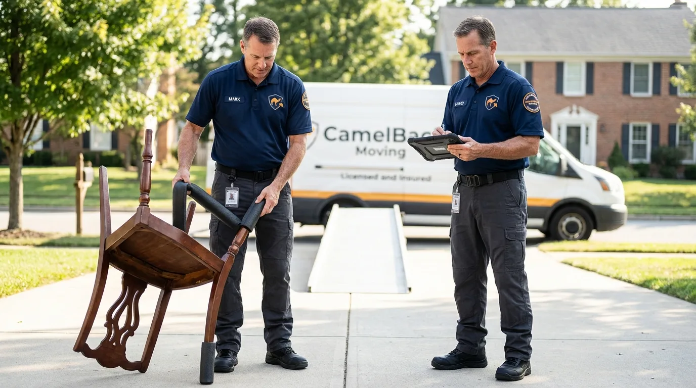 Movers inspecting furniture for damage prevention before loading in Weyers Cave, VA